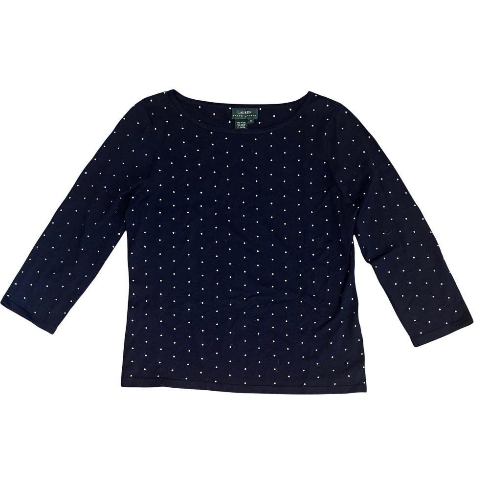 Lauren Ralph Lauren Women's Casual Polka Dot Knit Top‎ Navy Silk Blend size Med